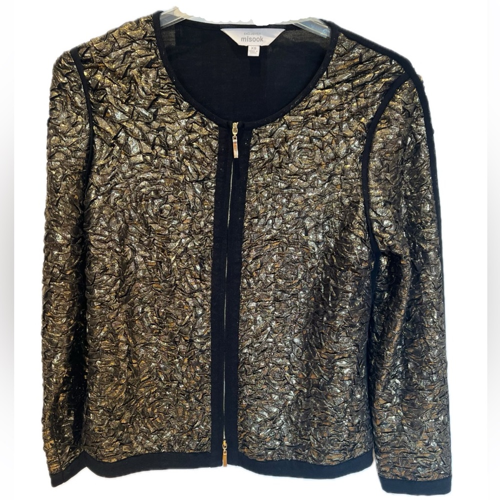 Exclusively Misook Metallic Gold & Black Textured Zip Jacket XS